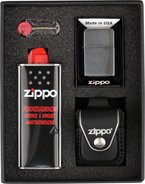 ZIPPO cr.geb. im Set mit ZIPPO Ledertasche schwarz/Schlaufe