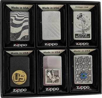 6 Stück ZIPPO "RANDOM" normal + Plaketten sortierte Dekore Ha