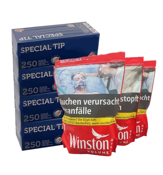 3 x Beutel Winston Red à 155 Gramm & 1.000 Special Tip Hülsen Blau