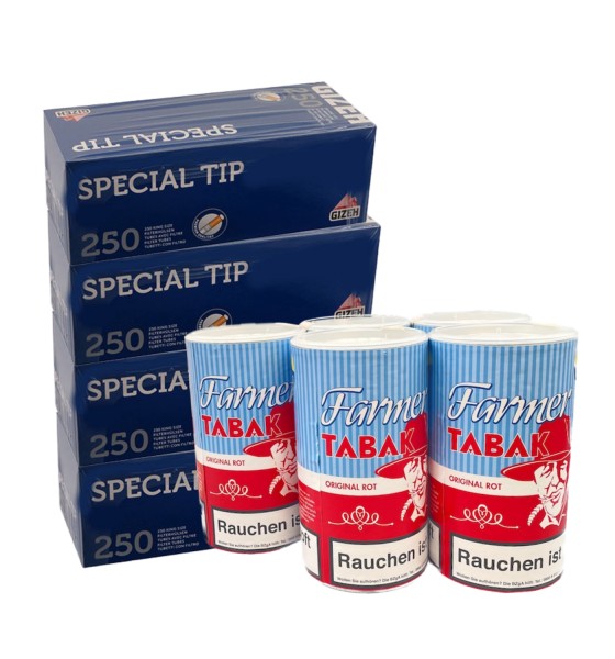 5 x Dosen Farmer Rot Tabak à 160 Gramm & 1.000 Special Tip Hülsen Blau